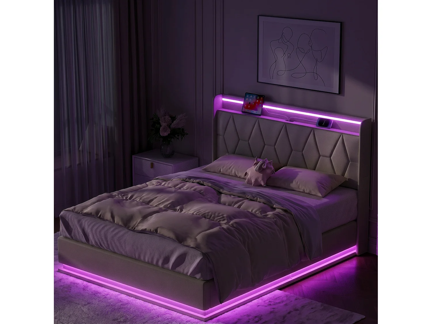 Lit coffre 160x200 cm - NEXU - avec sommier à lattes, LED et ports USB - lit double avec tête de lit rembourrée - tissu en velours - Blanc