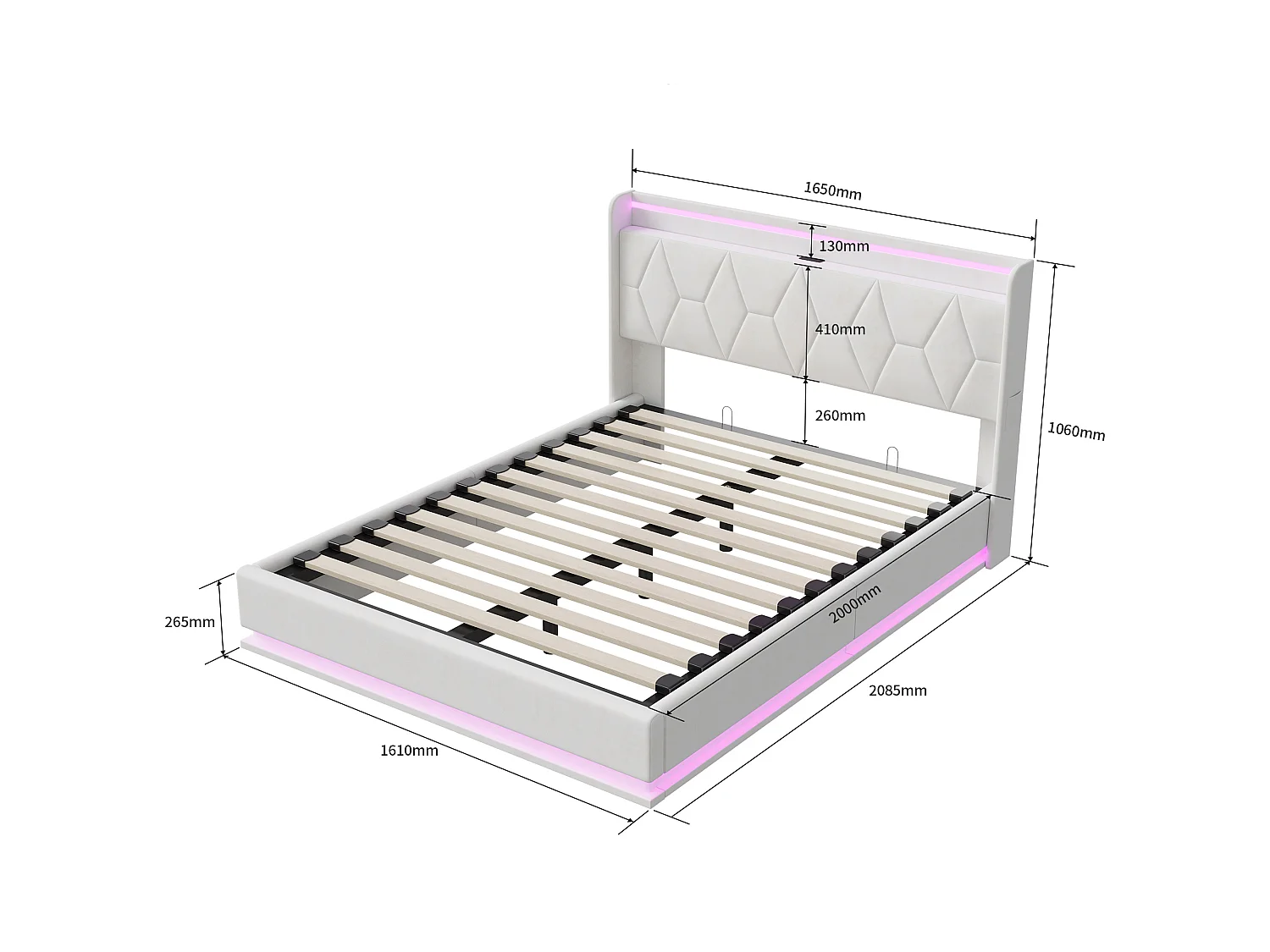 Lit coffre 160x200 cm - NEXU - avec sommier à lattes, LED et ports USB - lit double avec tête de lit rembourrée - tissu en velours - Blanc