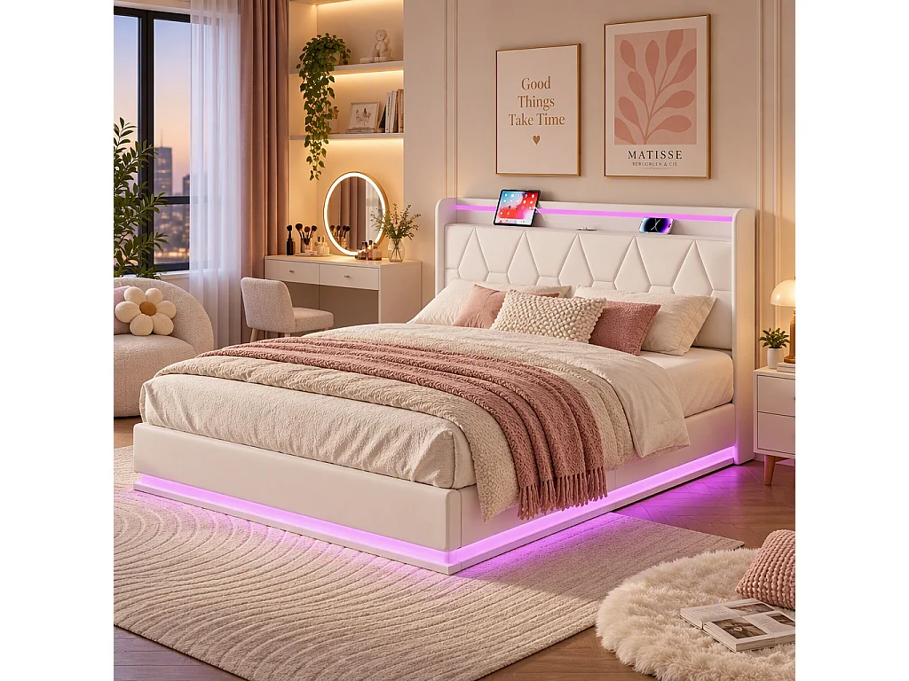Lit coffre 160x200 cm - NEXU - avec sommier à lattes, LED et ports USB - lit double avec tête de lit rembourrée - tissu en velours - Blanc