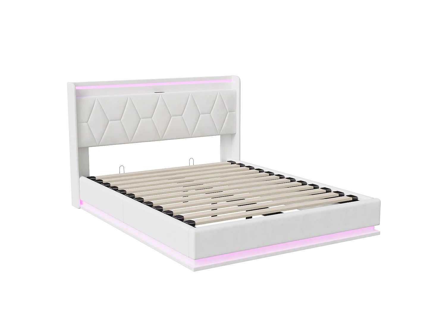 Lit coffre 160x200 cm - NEXU - avec sommier à lattes, LED et ports USB - lit double avec tête de lit rembourrée - tissu en velours - Blanc