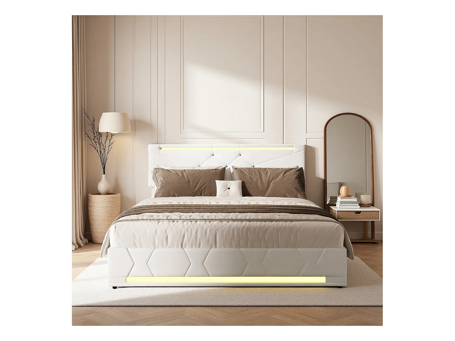 Lit 160x200 cm - NEXU - LED - USB - lit 160x200 cm tissu en Lin -cadre de lit coffre 160x200 cm - beige