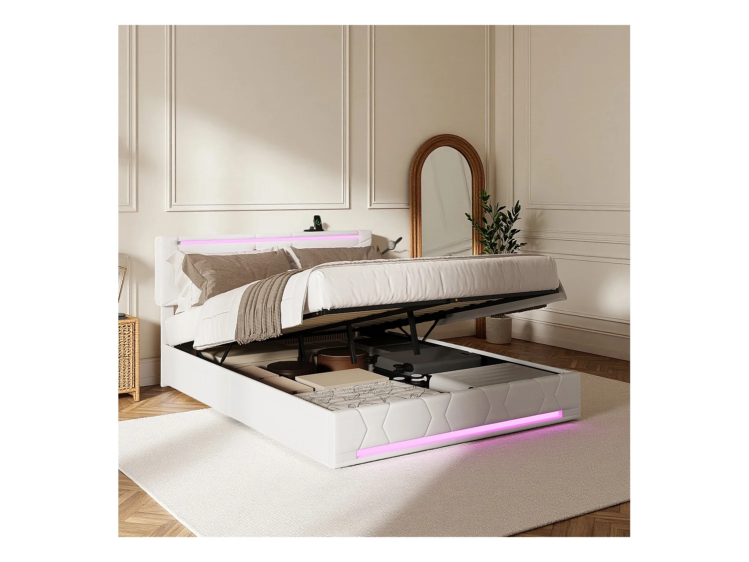 Lit 160x200 cm - NEXU - LED - USB - lit 160x200 cm tissu en Lin -cadre de lit coffre 160x200 cm - beige