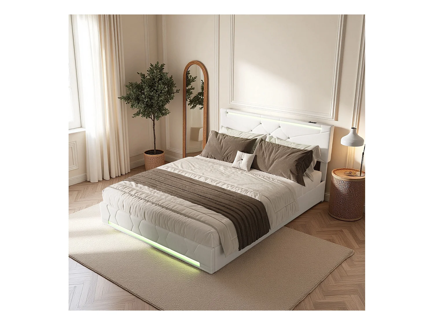 Lit 160x200 cm - NEXU - LED - USB - lit 160x200 cm tissu en Lin -cadre de lit coffre 160x200 cm - beige