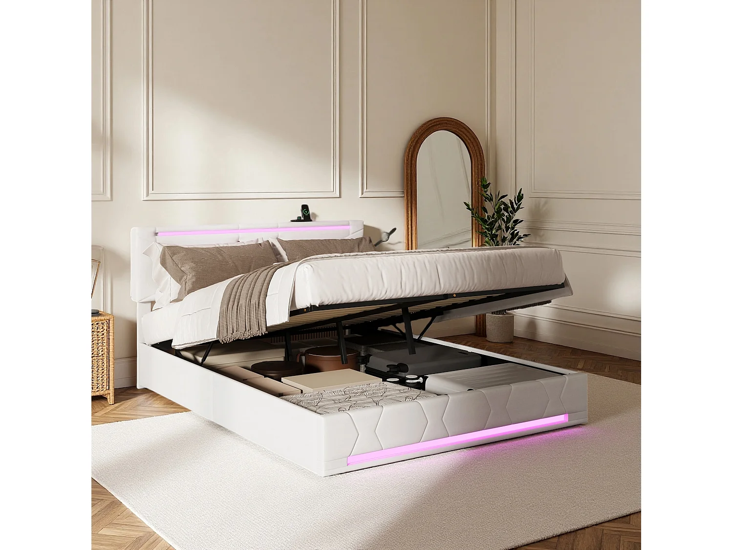 Lit 160x200 cm - NEXU - LED - USB - lit 160x200 cm tissu en Lin -cadre de lit coffre 160x200 cm - beige
