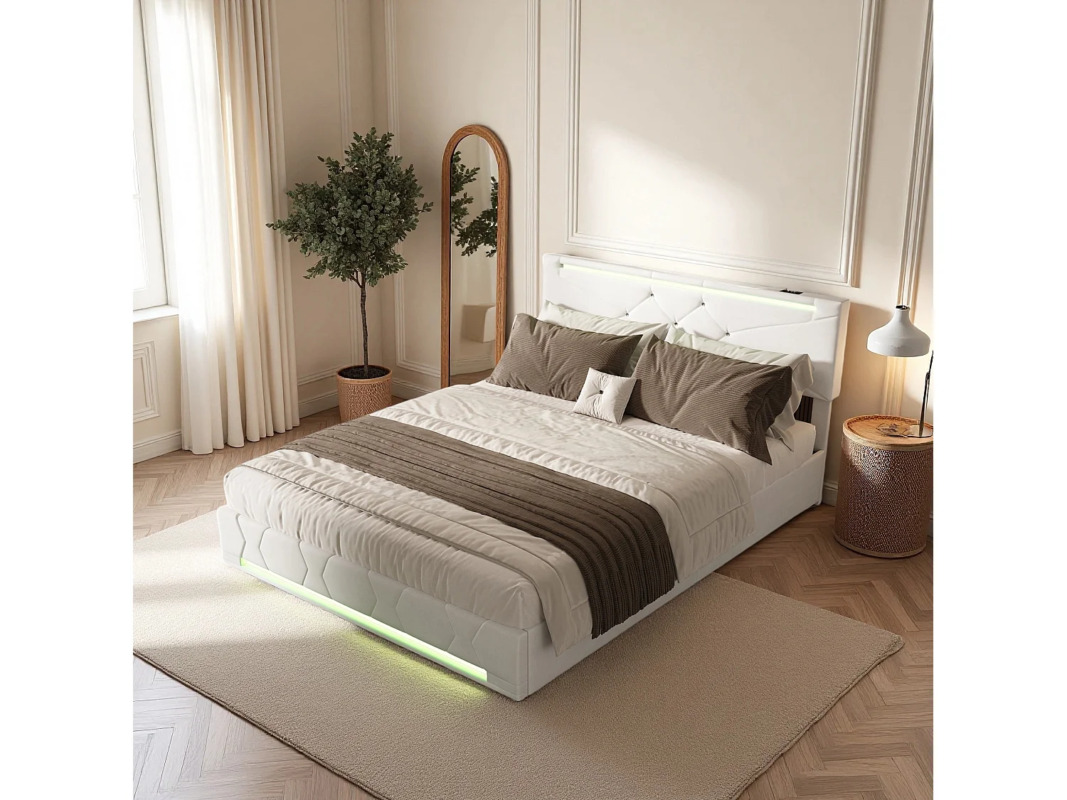 Lit 160x200 cm - NEXU - LED - USB - lit 160x200 cm tissu en Lin -cadre de lit coffre 160x200 cm - beige