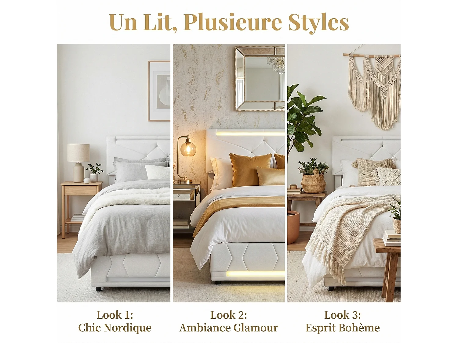 Bed 160x200 cm - NEXU - LED - USB - Bed 160x200 cm in linnen stof - Bedframe met opbergruimte 160x200 cm - Beige