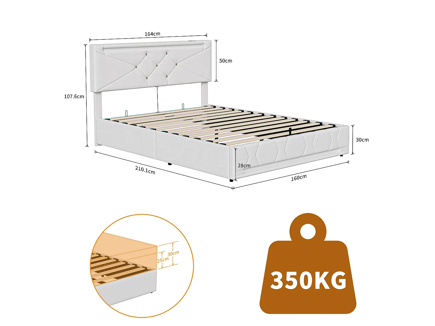 Bed 160x200 cm - NEXU - LED - USB - Bed 160x200 cm in linnen stof - Bedframe met opbergruimte 160x200 cm - Beige