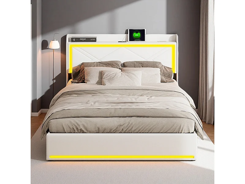 Lit 140x200 cm - NEXU- lit 140x200 cm avec sommier à lattes  tissu en PU - ccadre de lit coffre 140x200 cm - LED - USB - blanc