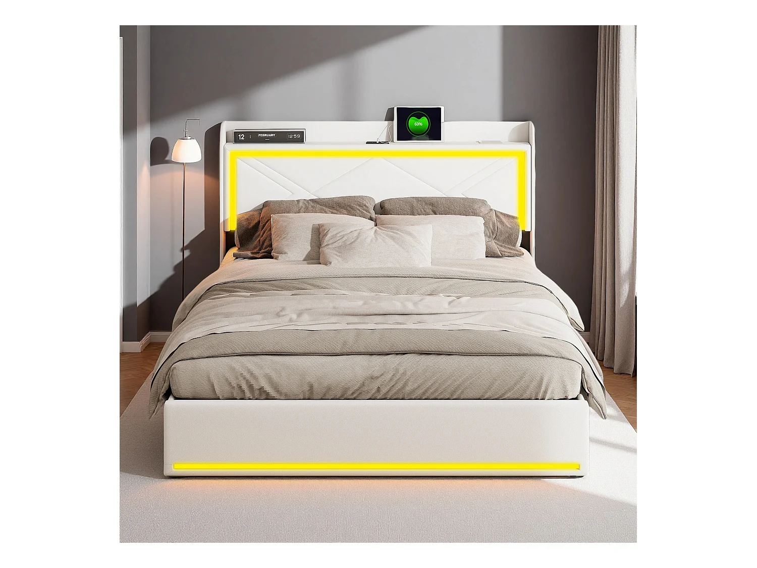 Lit 140x200 cm - NEXU- lit 140x200 cm avec sommier à lattes  tissu en PU - ccadre de lit coffre 140x200 cm - LED - USB - blanc