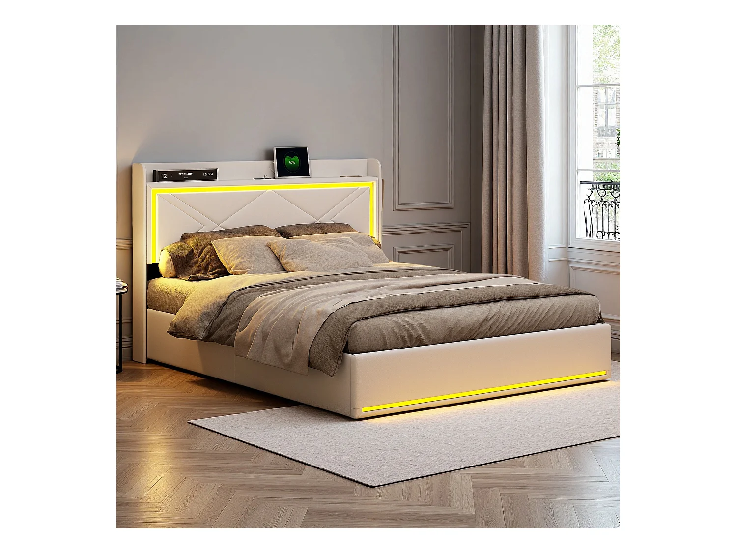 Lit 140x200 cm - NEXU- lit 140x200 cm avec sommier à lattes  tissu en PU - ccadre de lit coffre 140x200 cm - LED - USB - blanc