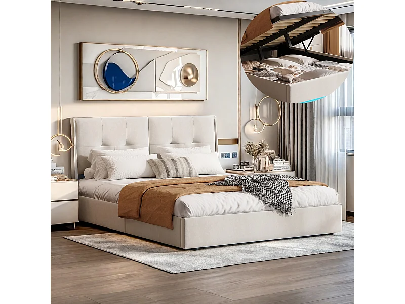 Lit 160x200 cm - NEXU - LED - lit double 160x200 cm - cadre de lit coffre 160x200 cm avec sommier à lattes - tissu en velours - beige