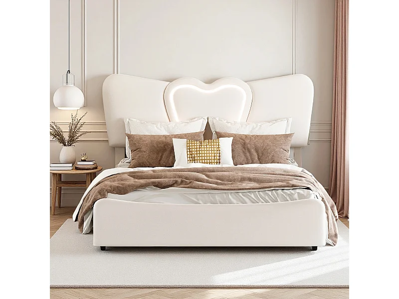 Lit double 160x200 cm avec sommier à lattes- NEXU- Style crémeux - LED - USB - lit adulte 160x200 cm tissu en Velours - cadre de lit coffre 160x200 cm - beige