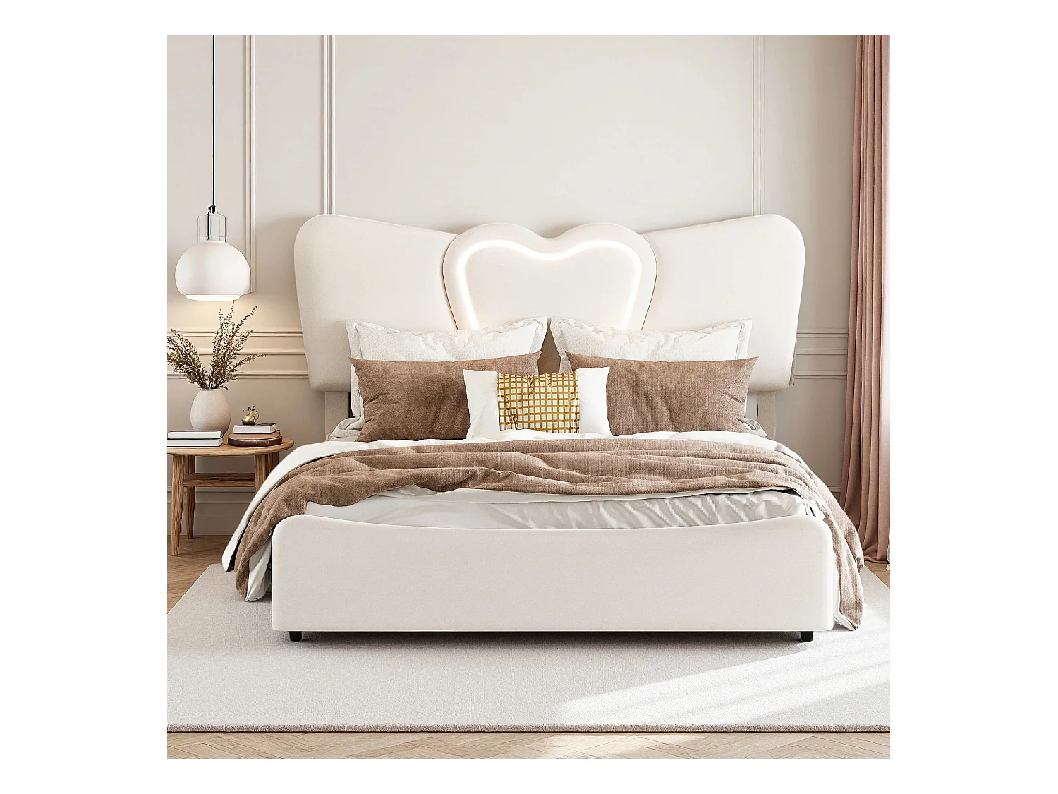 Lit double 160x200 cm avec sommier à lattes- NEXU- Style crémeux - LED - USB - lit adulte 160x200 cm tissu en Velours - cadre de lit coffre 160x200 cm - beige