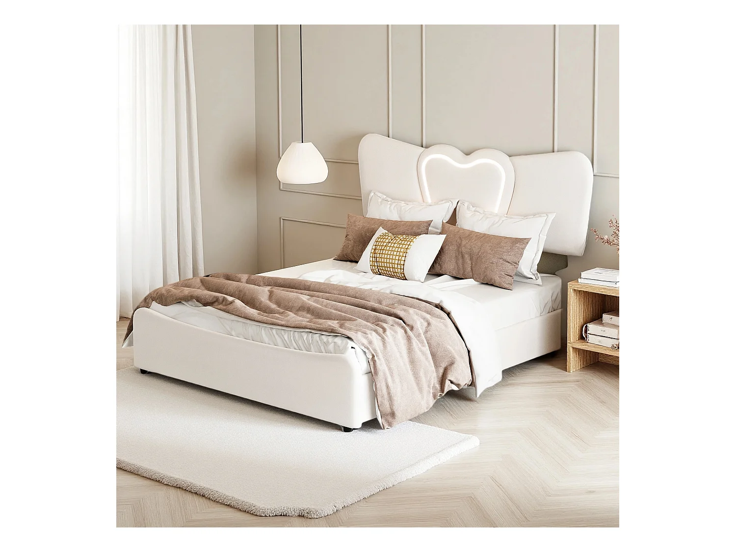 Lit double 160x200 cm avec sommier à lattes- NEXU- Style crémeux - LED - USB - lit adulte 160x200 cm tissu en Velours - cadre de lit coffre 160x200 cm - beige