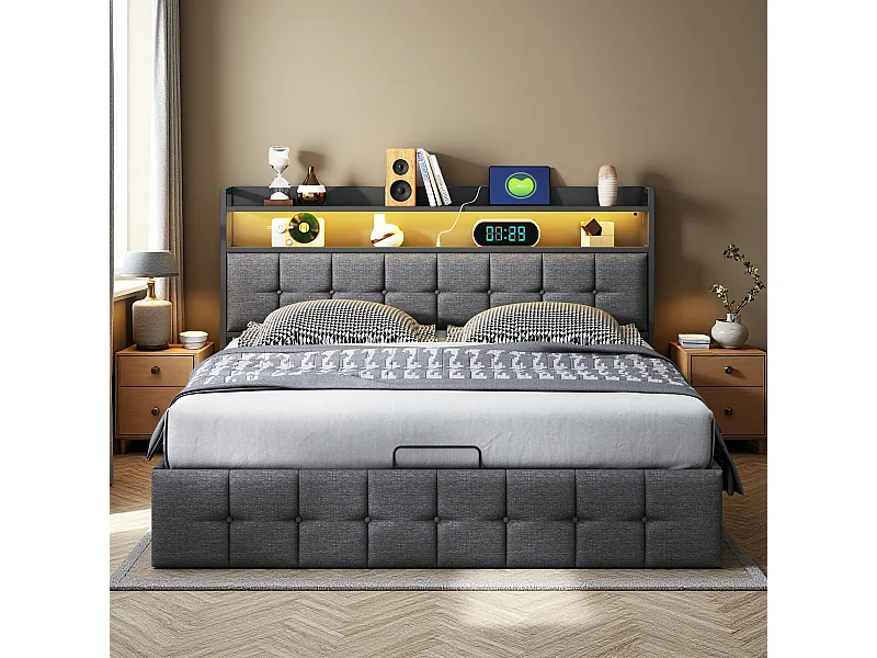 Lit 140x190 cm - NEXU - LED - tissu en lin - lit adulte 140x190 cm avec sommier à lattes - cadre de lit coffre 140x190 cm - gris