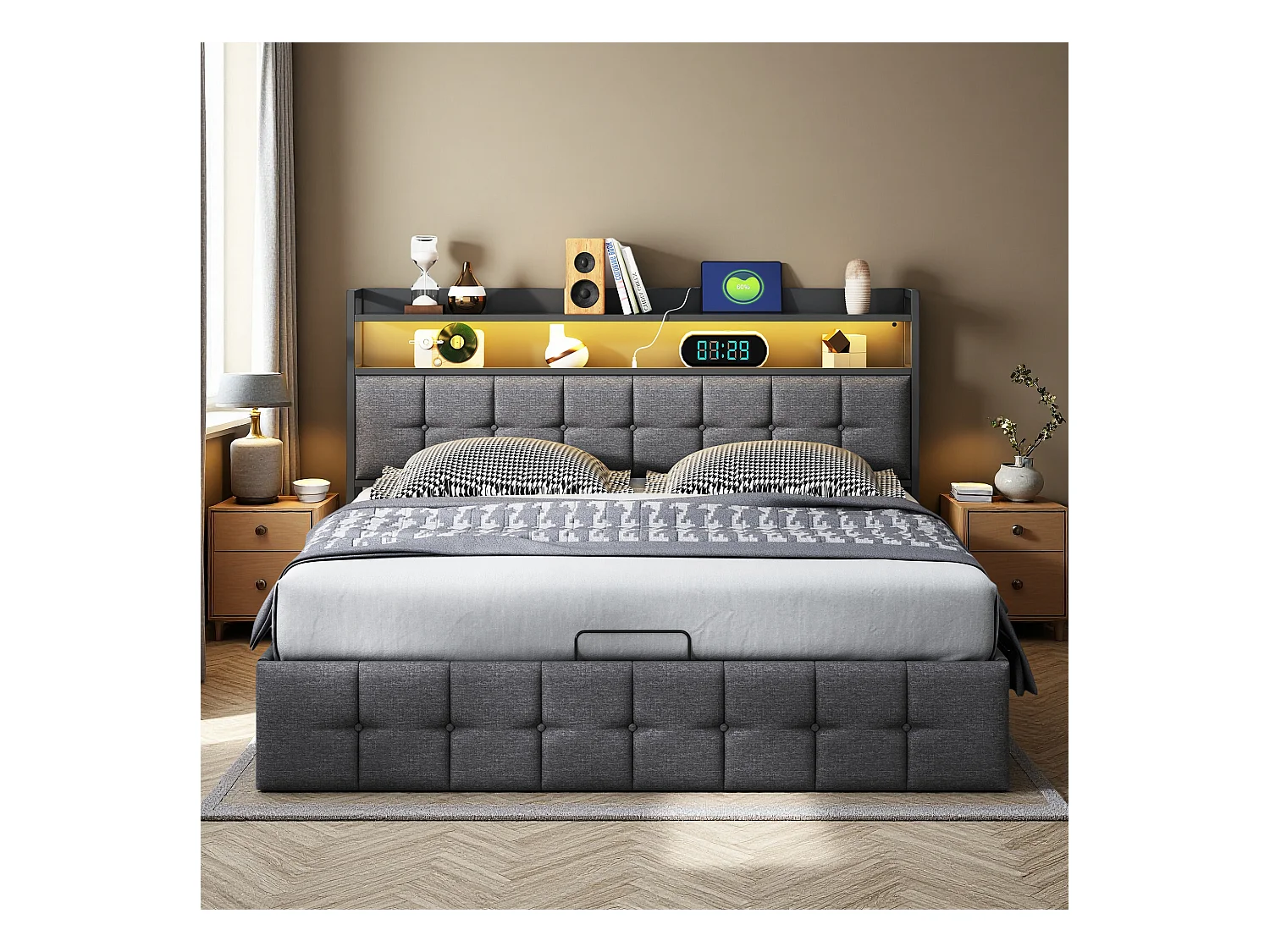 Lit 140x190 cm - NEXU - LED - tissu en lin - lit adulte 140x190 cm avec sommier à lattes - cadre de lit coffre 140x190 cm - gris