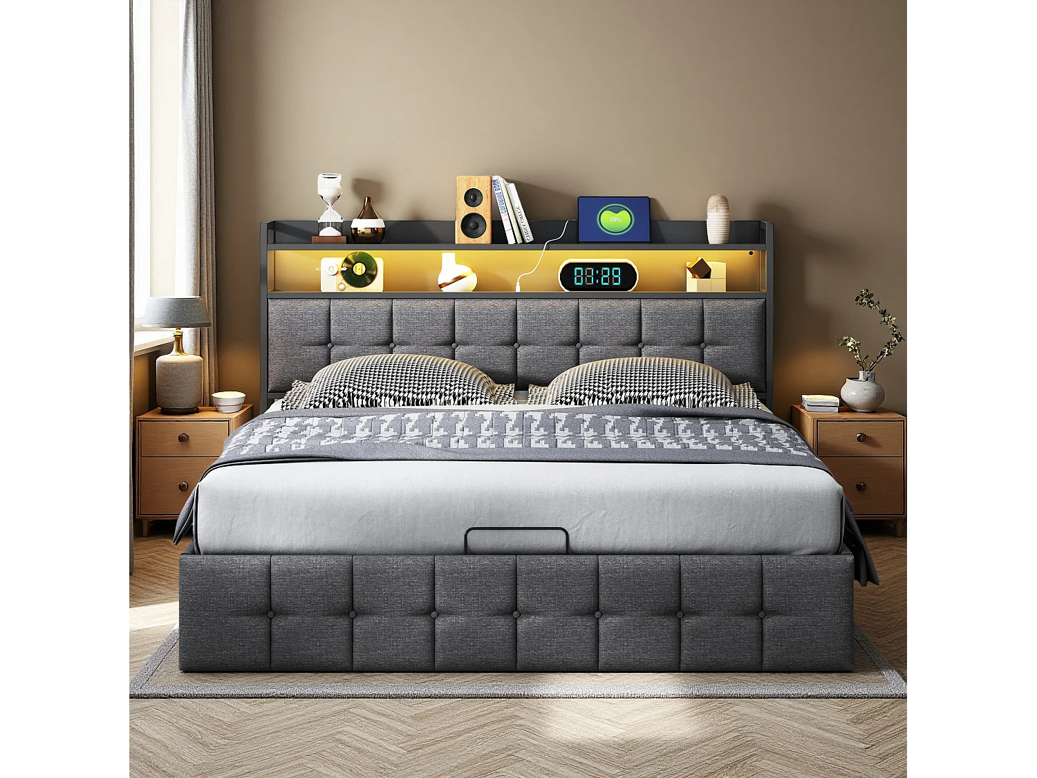 Lit coffre 140x190 cm - NEXU - LED - tissu en lin - lit adulte 140x190 cm avec sommier à lattes - ​lit de rangement moderne 140x190 - gris