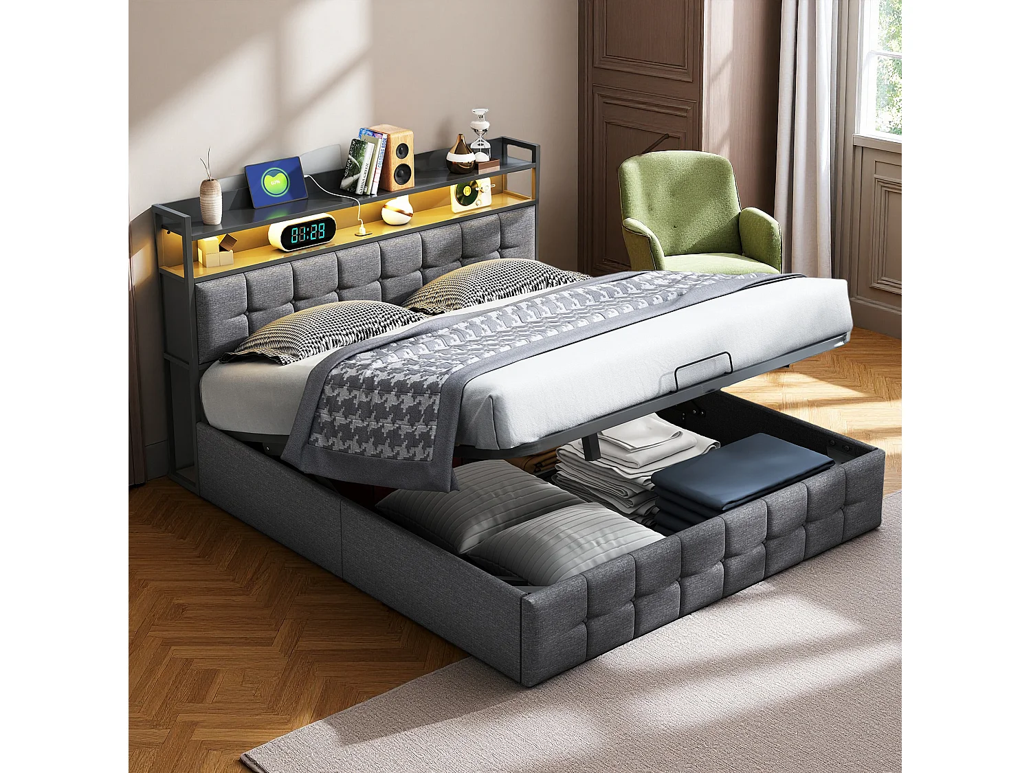 Lit coffre 140x190 cm - NEXU - LED - tissu en lin - lit adulte 140x190 cm avec sommier à lattes - ​lit de rangement moderne 140x190 - gris
