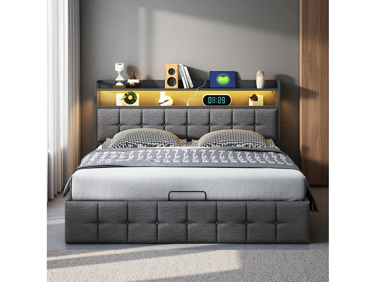 Lit coffre 140x190 cm - NEXU - LED - tissu en lin - lit adulte 140x190 cm avec sommier à lattes - ​lit de rangement moderne 140x190 - gris