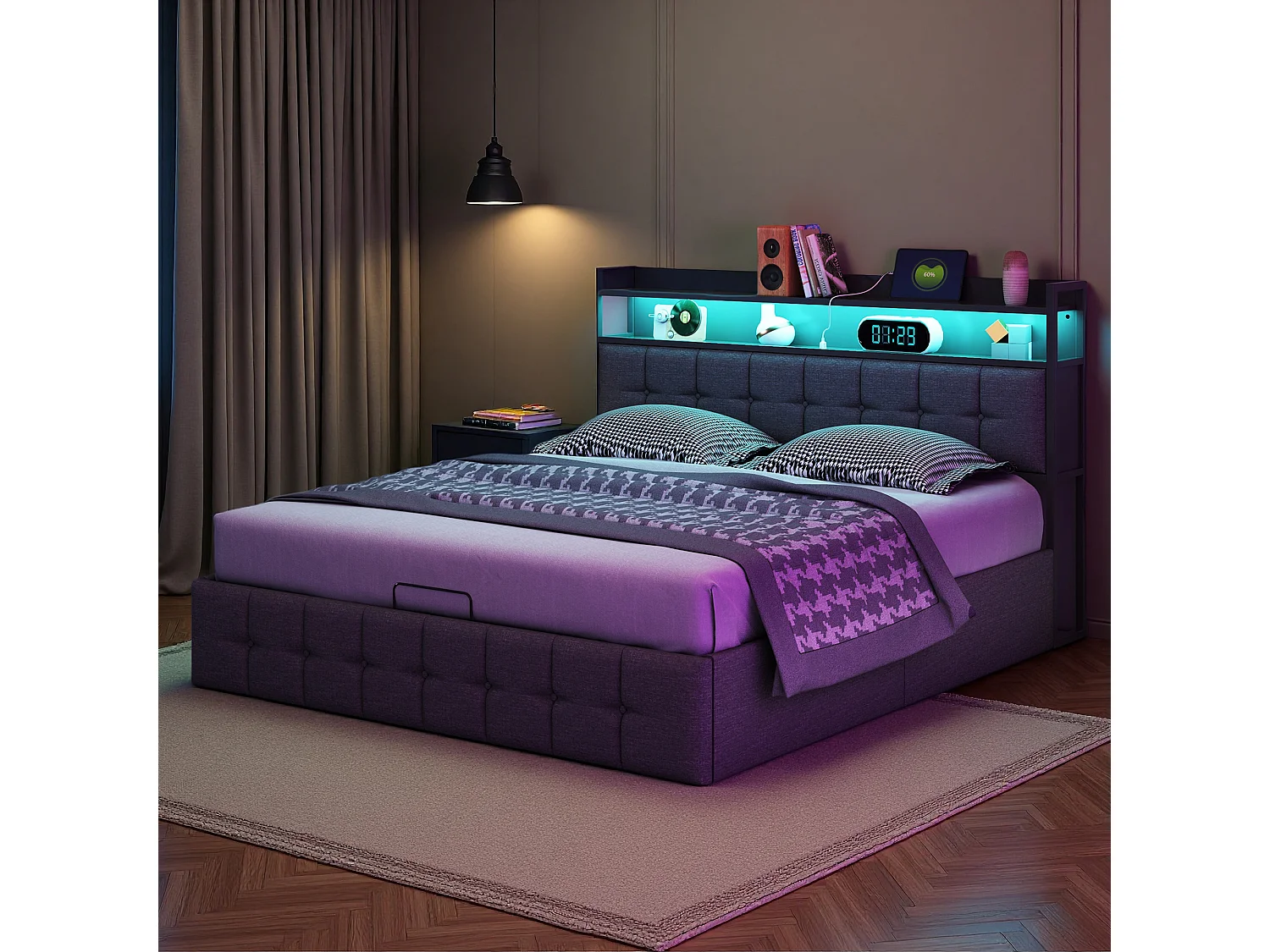 Lit coffre 140x190 cm - NEXU - LED - tissu en lin - lit adulte 140x190 cm avec sommier à lattes - ​lit de rangement moderne 140x190 - gris