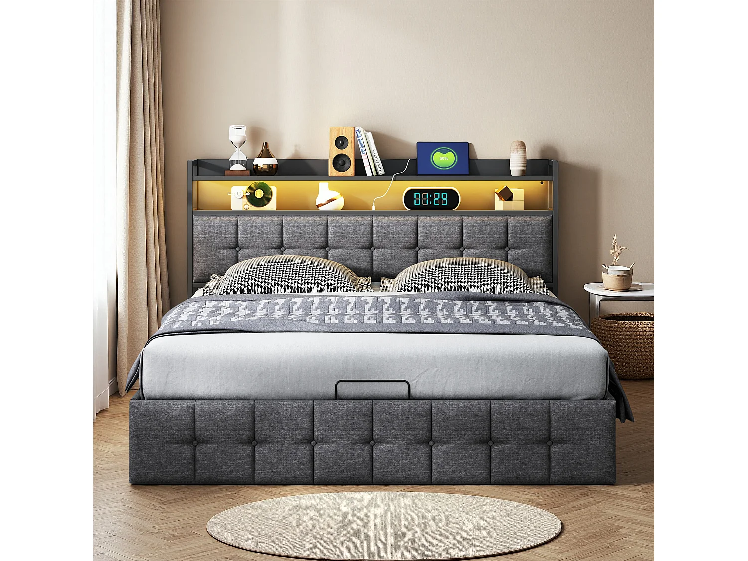 Lit coffre 140x190 cm - NEXU - LED - tissu en lin - lit adulte 140x190 cm avec sommier à lattes - ​lit de rangement moderne 140x190 - gris