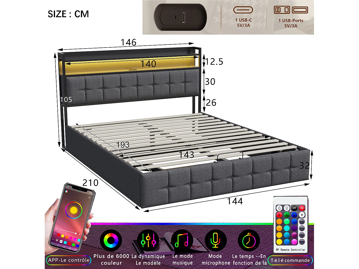 Lit coffre 140x190 cm - NEXU - LED - tissu en lin - lit adulte 140x190 cm avec sommier à lattes - ​lit de rangement moderne 140x190 - gris