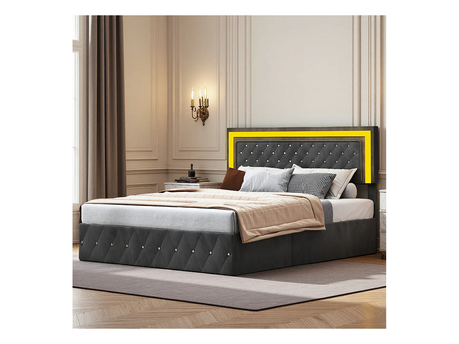 Lit double 160x200 cm - NEXU - lit coffre 160x200 cm avec LED - cadre de lit adulte 160x200 cm avec sommier à lattes - tissu en velours - noir