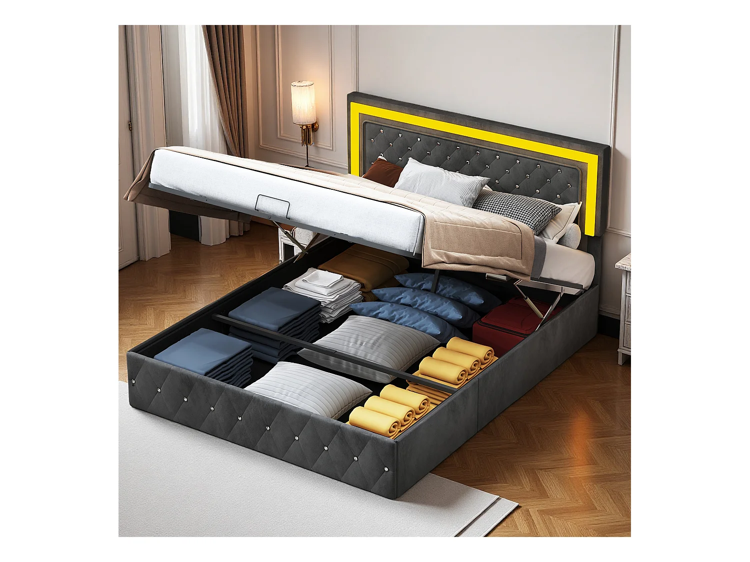 Lit double 160x200 cm - NEXU - lit coffre 160x200 cm avec LED - cadre de lit adulte 160x200 cm avec sommier à lattes - tissu en velours - noir