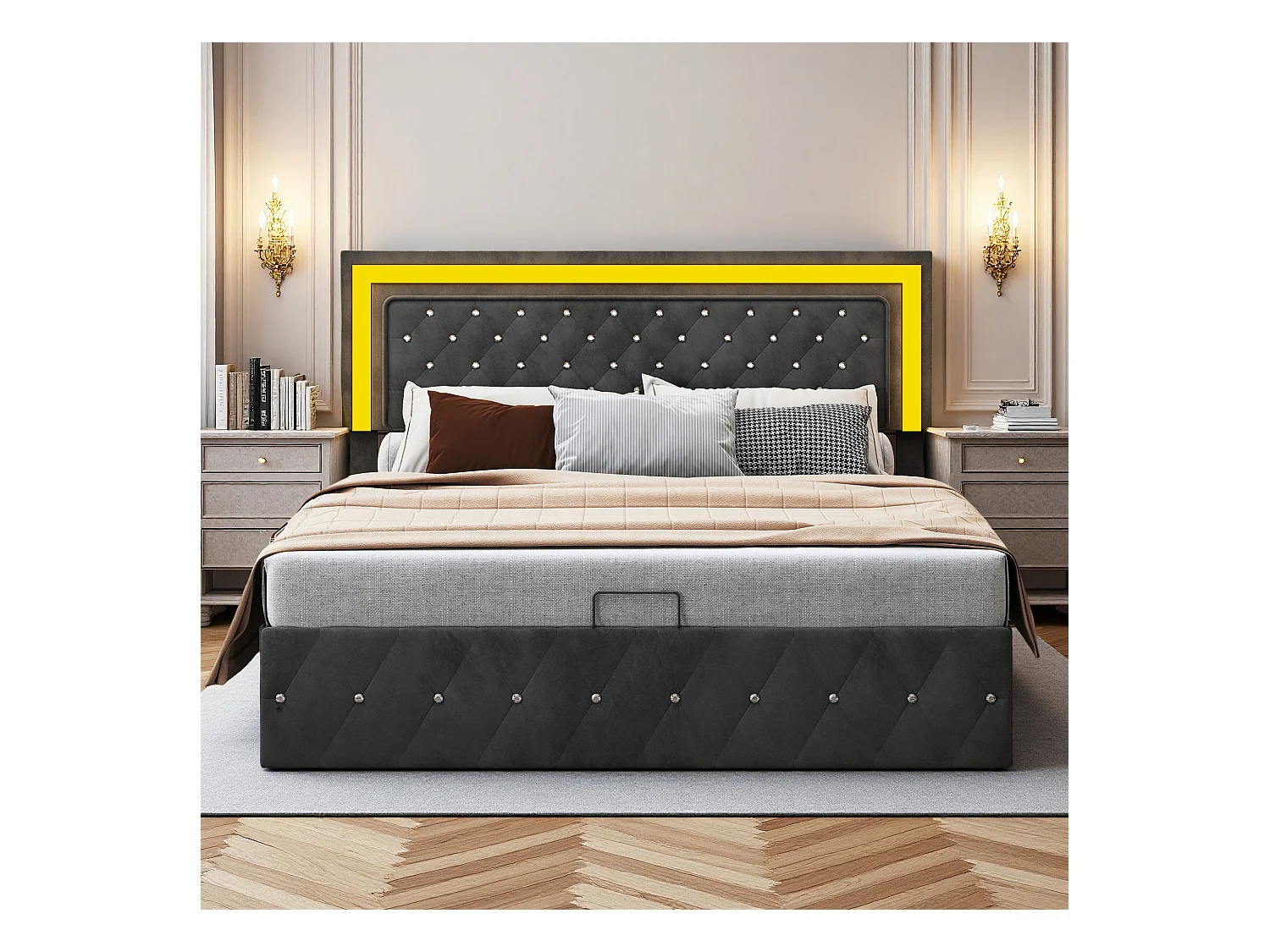 Lit double 160x200 cm - NEXU - lit coffre 160x200 cm avec LED - cadre de lit adulte 160x200 cm avec sommier à lattes - tissu en velours - noir