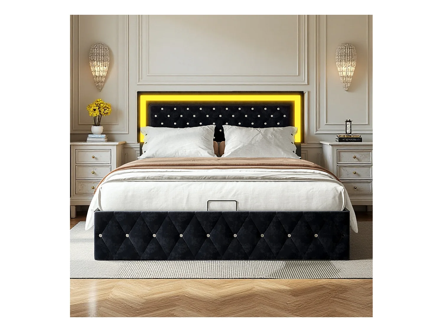 Lit double 160x200 cm - NEXU - lit coffre 160x200 cm avec LED - cadre de lit adulte 160x200 cm avec sommier à lattes - tissu en velours - noir