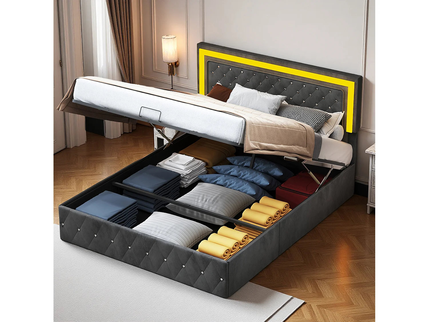 Lit double 160x200 cm - NEXU - lit coffre 160x200 cm avec LED - cadre de lit adulte 160x200 cm avec sommier à lattes - tissu en velours - noir