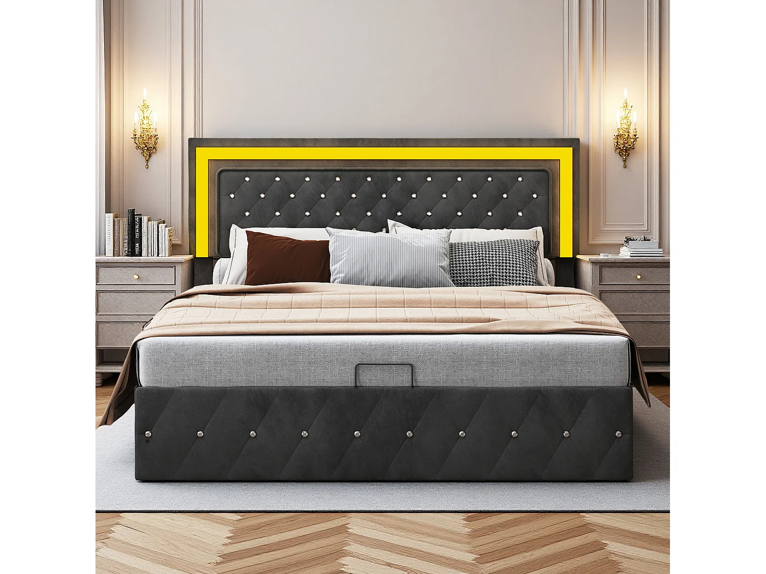 Lit double 160x200 cm - NEXU - lit coffre 160x200 cm avec LED - cadre de lit adulte 160x200 cm avec sommier à lattes - tissu en velours - noir