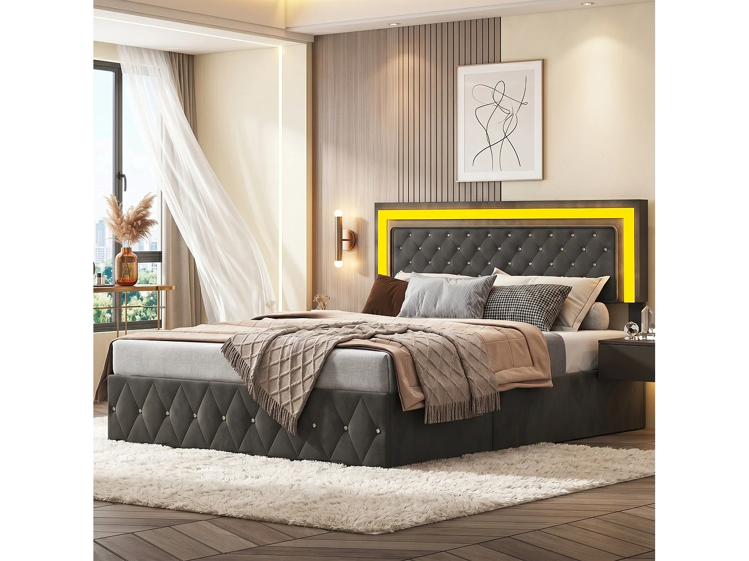 Lit coffre double 160x200 cm avec LED et sommier à lattes, cadre de lit adulte en velours noir