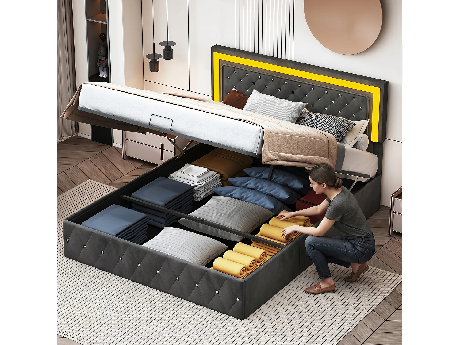Lit coffre double 160x200 cm avec LED et sommier à lattes, cadre de lit adulte en velours noir