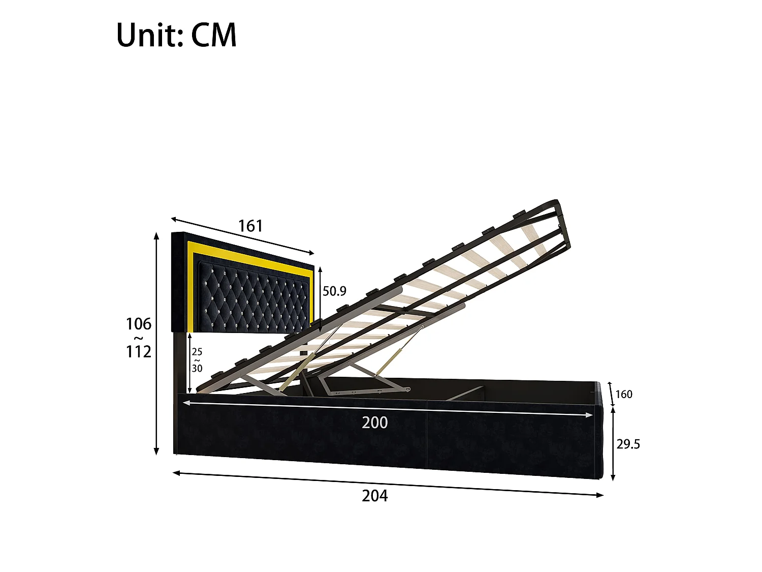 Lit coffre double 160x200 cm avec LED et sommier à lattes, cadre de lit adulte en velours noir