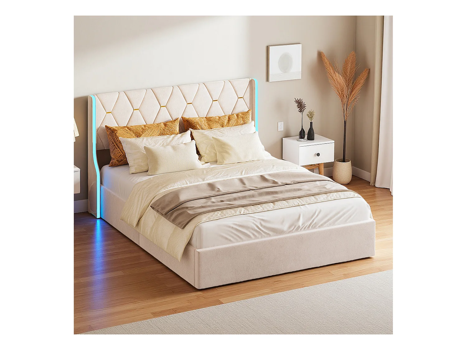 Lit double 160x200 cm - NEXU - lit adulte 160x200 cm avec LED et USB - cadre de lit coffre 160x200 cm avec sommier à lattes - tissu en velours - beige