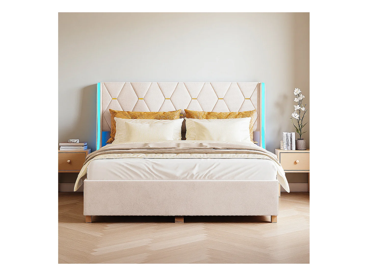 Lit double 160x200 cm - NEXU - lit adulte 160x200 cm avec LED et USB - cadre de lit coffre 160x200 cm avec sommier à lattes - tissu en velours - beige