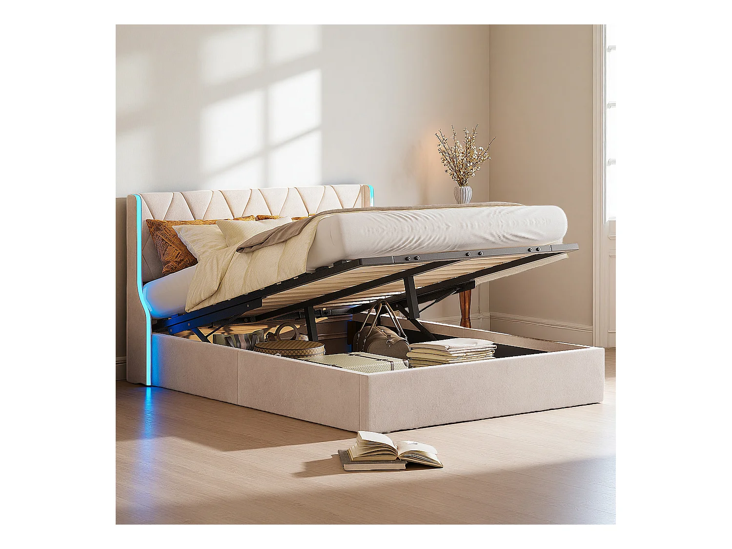 Lit double 160x200 cm - NEXU - lit adulte 160x200 cm avec LED et USB - cadre de lit coffre 160x200 cm avec sommier à lattes - tissu en velours - beige