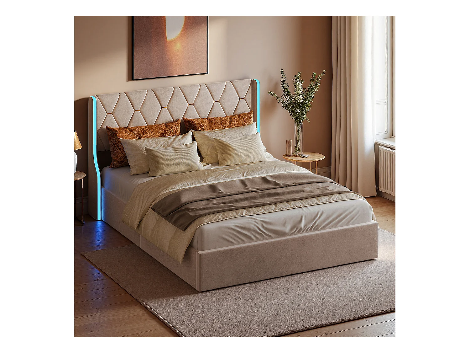 Lit double 160x200 cm - NEXU - lit adulte 160x200 cm avec LED et USB - cadre de lit coffre 160x200 cm avec sommier à lattes - tissu en velours - beige