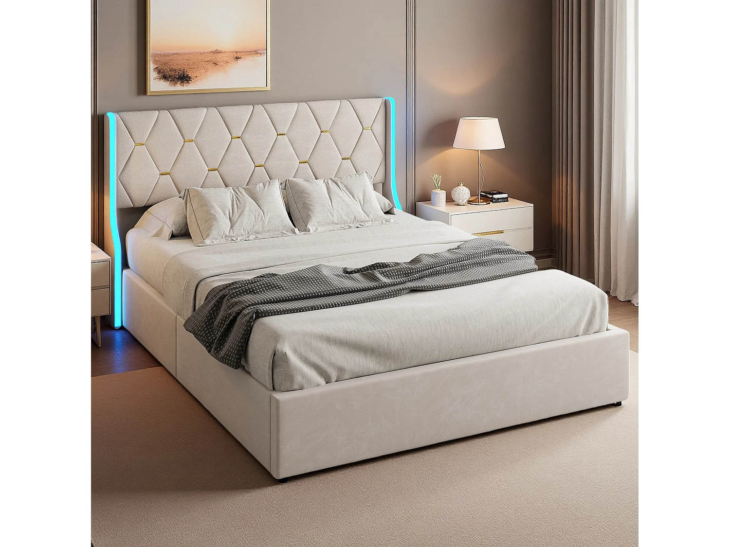Lit double 160x200 cm - NEXU - lit adulte 160x200 cm avec LED - cadre de lit coffre 160x200 cm avec sommier à lattes - tissu en velours - beige