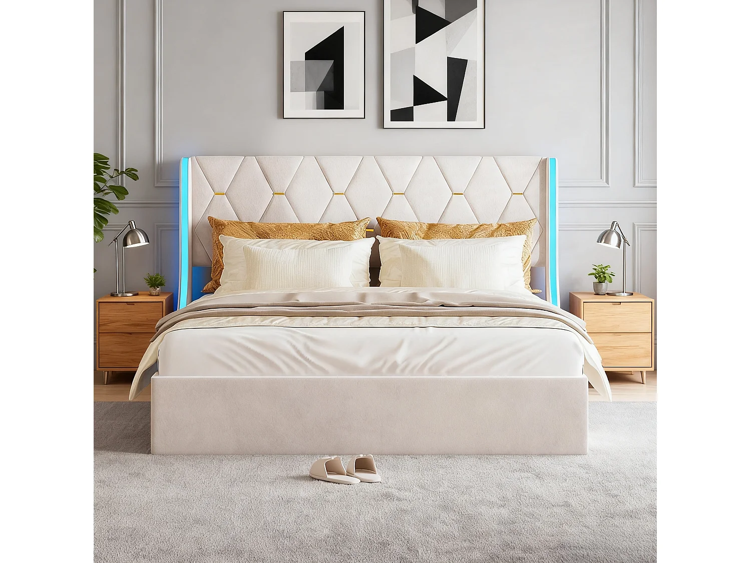 Lit double 160x200 cm - NEXU - lit adulte 160x200 cm avec LED - cadre de lit coffre 160x200 cm avec sommier à lattes - tissu en velours - beige