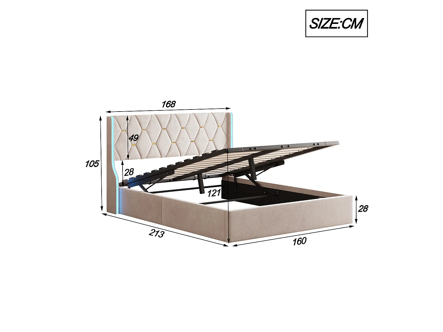 Lit coffre double 160x200 cm avec LED et sommier à lattes, cadre de lit adulte en velours beige