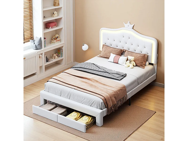 Lit 140x200 cm avec sommier à lattes - NEXU - lit  enfant 140x200 cm avec Led -  tissu en PUe - cadre de lit tiroir 140x200 cm - blanc