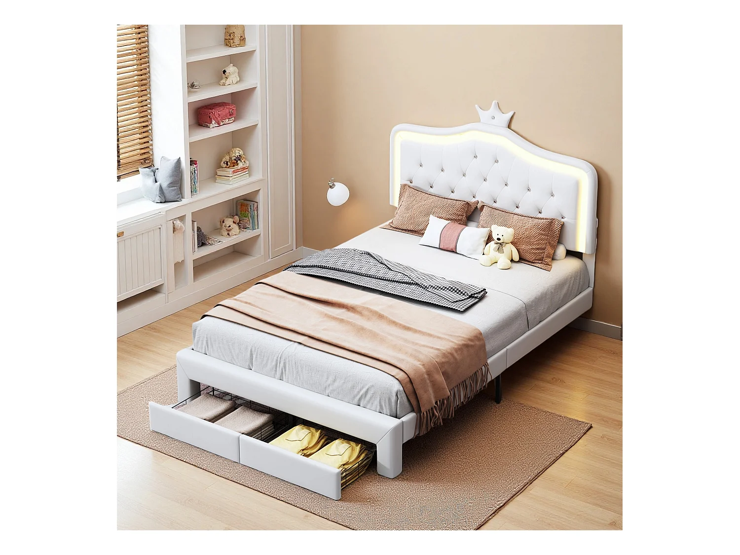 Lit 140x200 cm - NEXU - lit  enfant 140x200 cm avec Led -  tissu en PUe - cadre de lit tiroir 140x200 cm - blanc