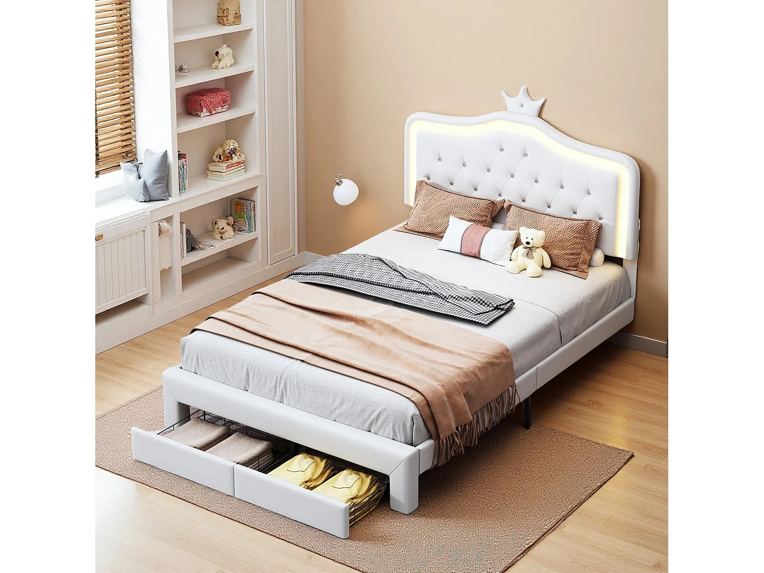 Lit 140x200 cm avec sommier à lattes - NEXU - lit  enfant 140x200 cm avec Led -  tissu en PUe - cadre de lit tiroir 140x200 cm - blanc