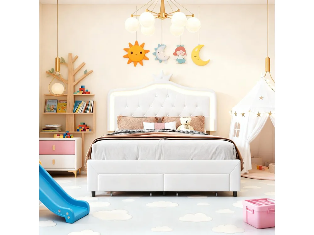 Lit 1 place et demi 140x200 cm avec tiroirs, sommier à lattes et LED, cadre de lit en PU blanc