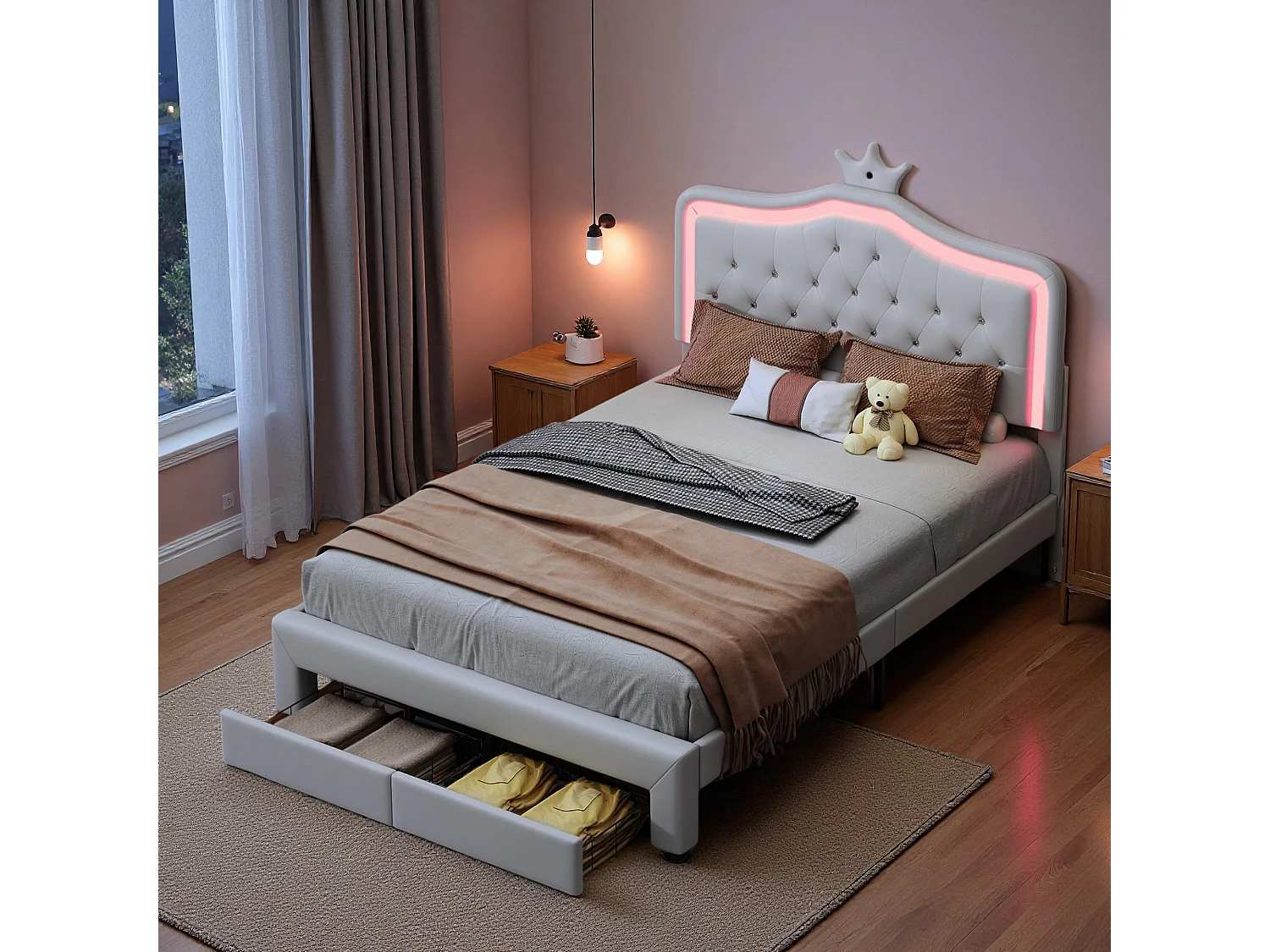 Lit 1 place et demi 140x200 cm avec tiroirs, sommier à lattes et LED, cadre de lit en PU blanc
