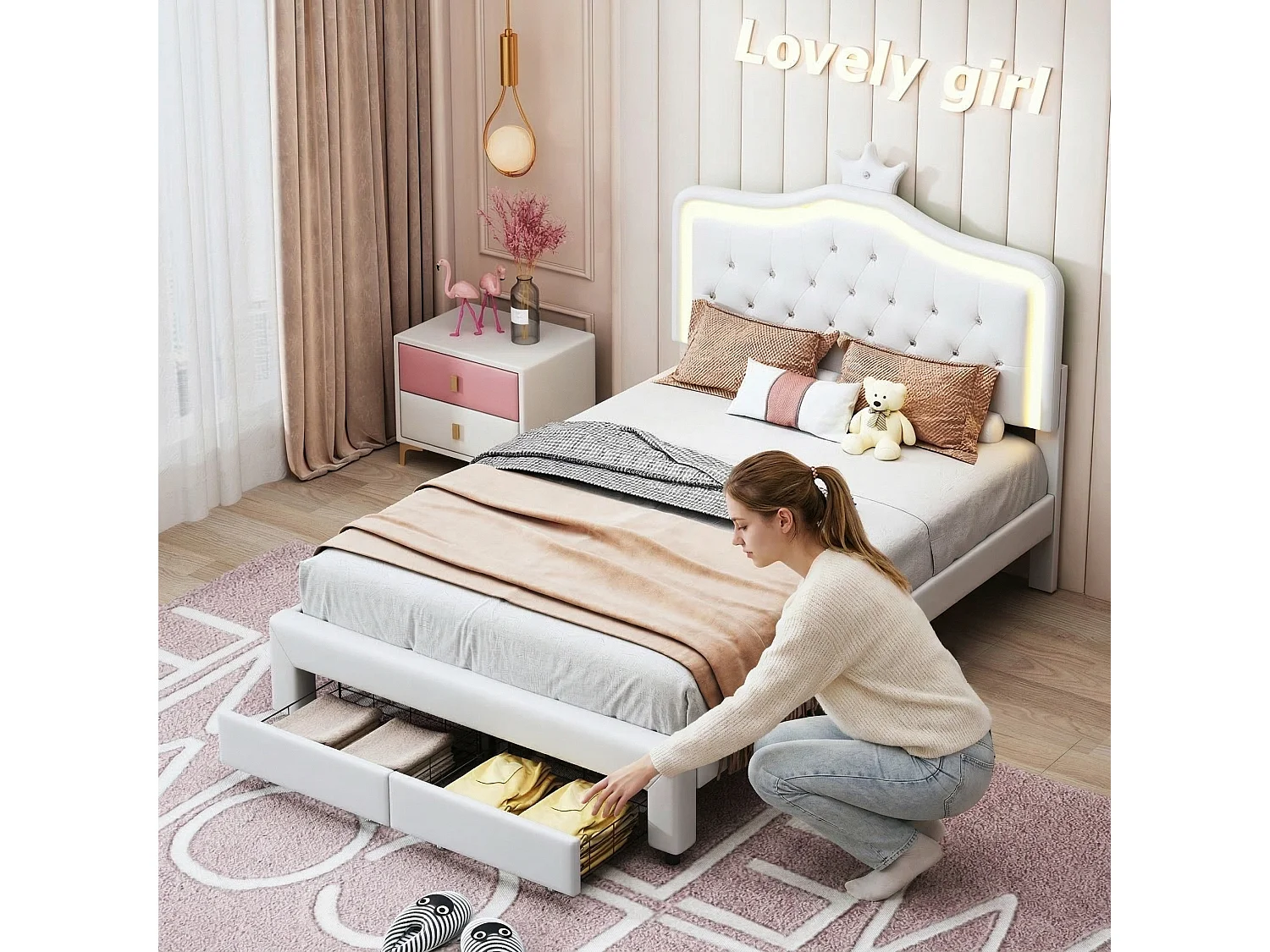Lit 1 place et demi 140x200 cm avec tiroirs, sommier à lattes et LED, cadre de lit en PU blanc