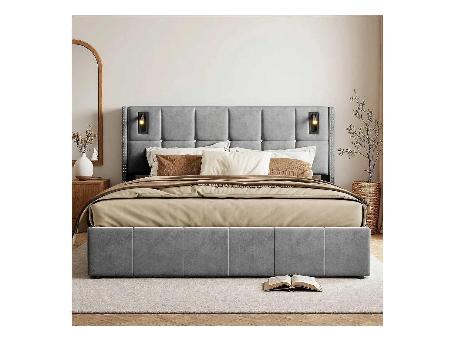 Lit 160x200 cm - NEXU - lit 160x200 cm Capitonné avec tiroir et lampe de lecture - lit 160x200 cm tissu en Velours - gris