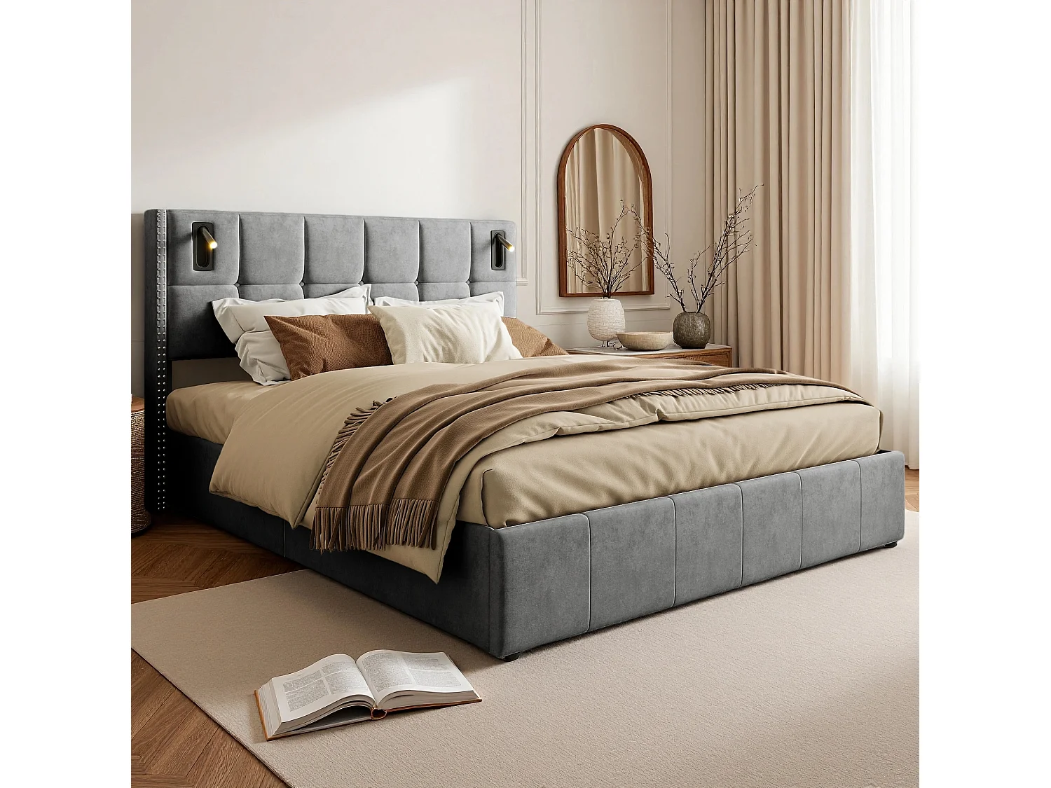 Lit Coffre 160x200 cm en tissu velours avec sommier - lit adulte rembourré - tête de lit USB et Type-c - LED - gris